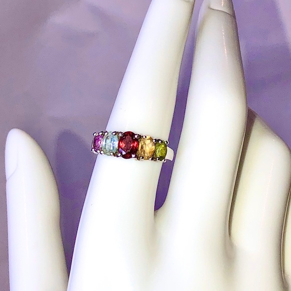 MULTI-GEMSTONE Sterling Silver Single Band Inlay Vintage Ring Sz 7 - Picture 3 of 17
